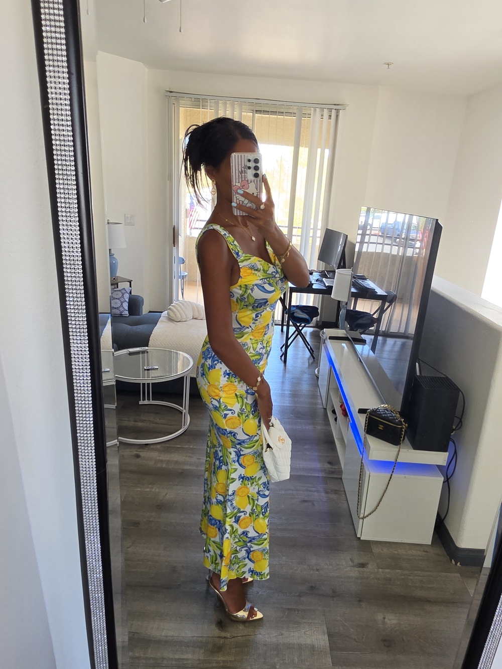 Lemon Print Sleeveless Maxi Dress - White/Yellow Very Stretchy - Picture 15 of 17